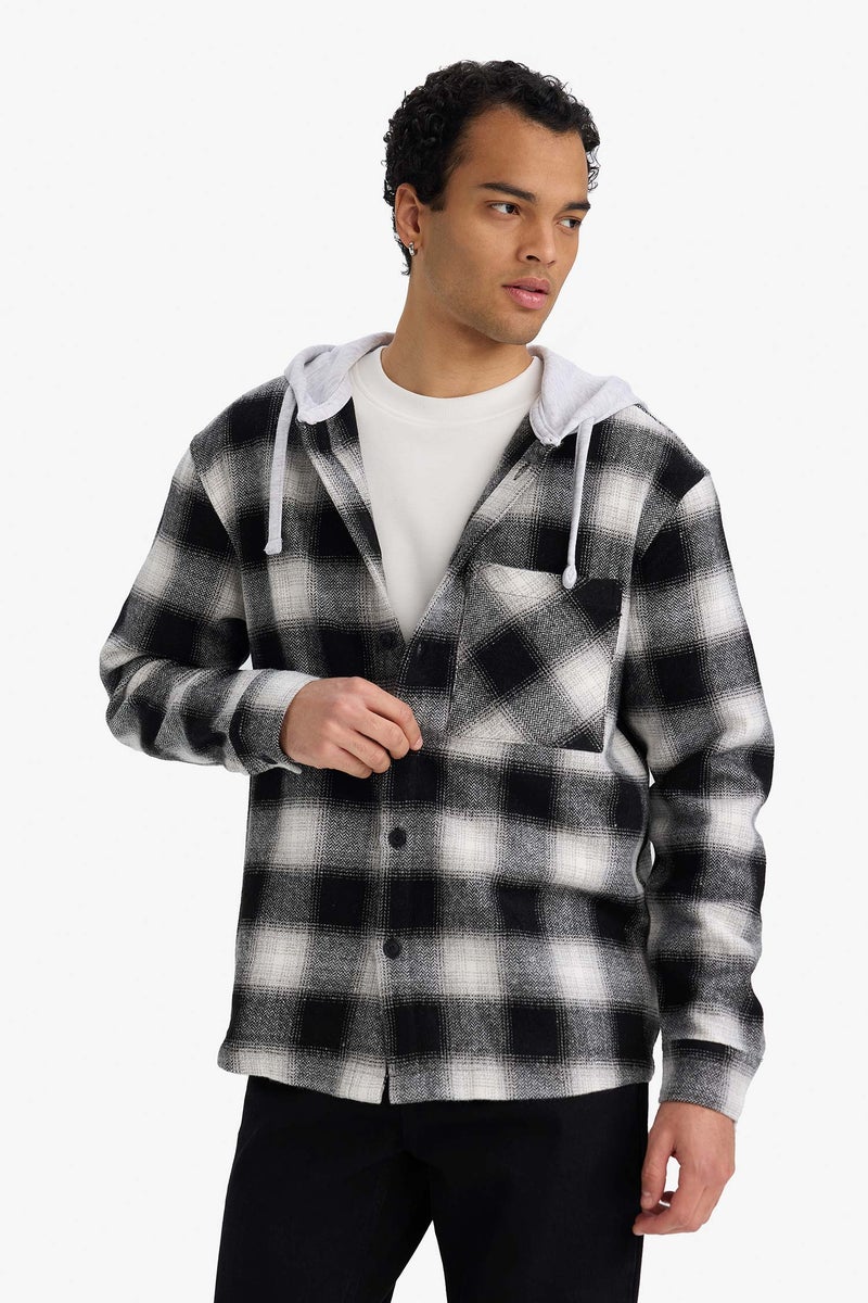 DeFacto Black Man Relax Fit Hooded Flannel Long Sleeve Shirt Casual - Image 4